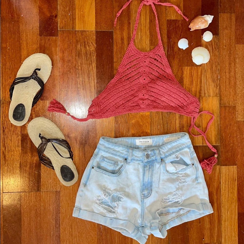 Crochet reddish pink bathing suit/crop top